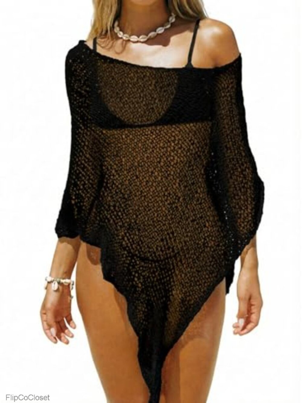 Sheer Crochet Mesh Poncho Beach Cover Up Top